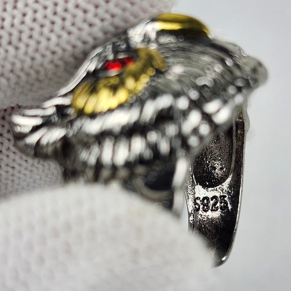 925 Sterling Silver Rhinestone Eyes Gold Tone Owl Ring Mens Biker Punk Size 9.5 - Picture 5 of 13